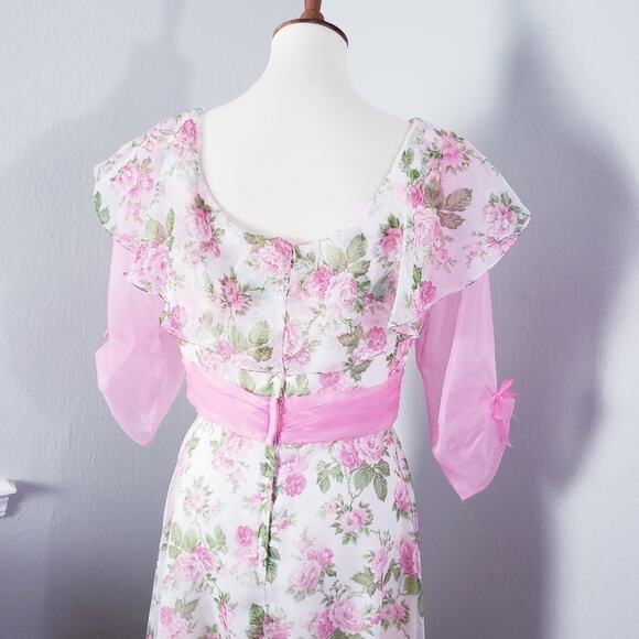 Vintage 70s Sylvia Ann Rose Floral Maxi Gown Regencycore Cottagecore Pink 14 - Picture 13 of 16